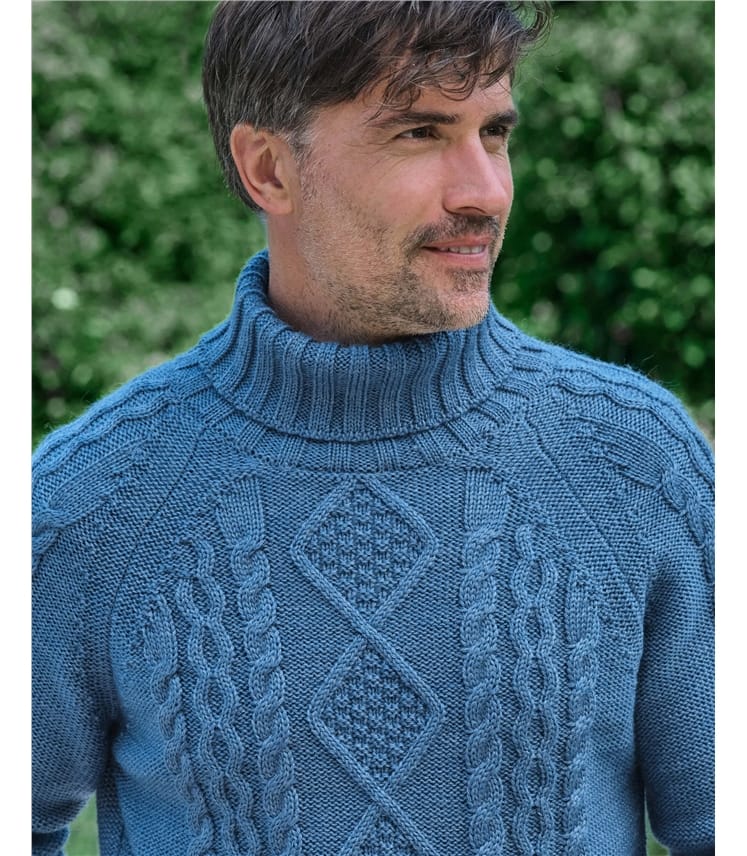 Pure Wool Knitted Aran Polo Neck Jumper