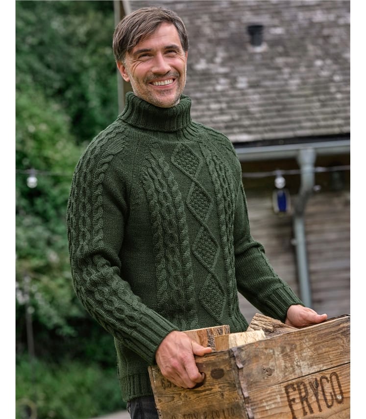 Pure Wool Knitted Aran Polo Neck Jumper