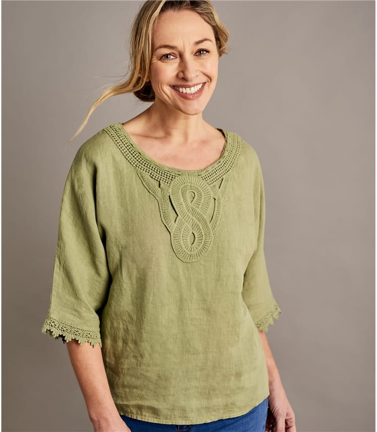 Olive Womens 3/4 Sleeve Top With Detailed Placket WoolOvers UK