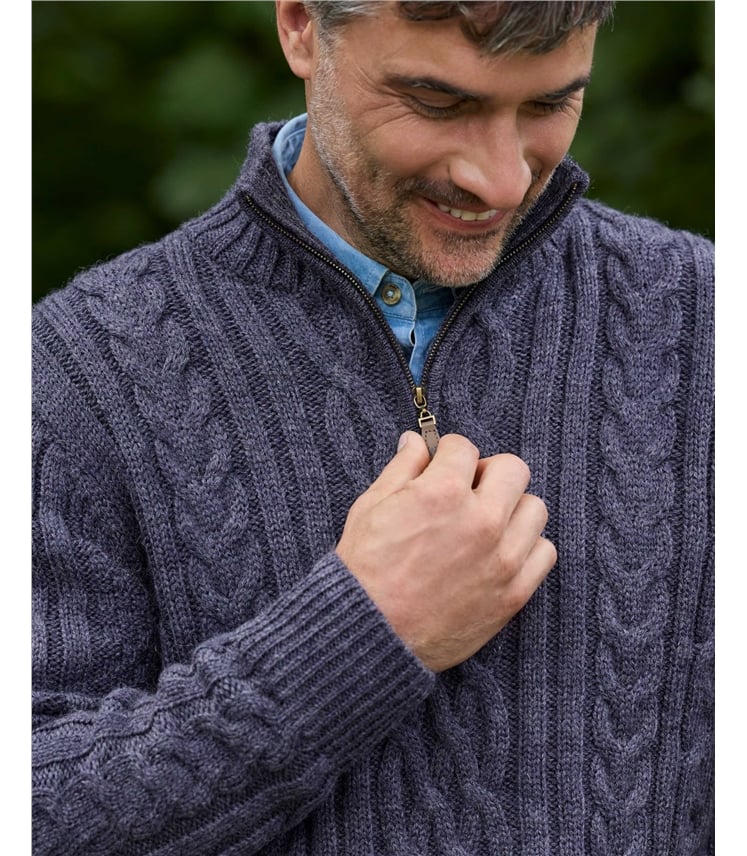 Pure Wool Knitted Aran Cable Zip Neck Jumper