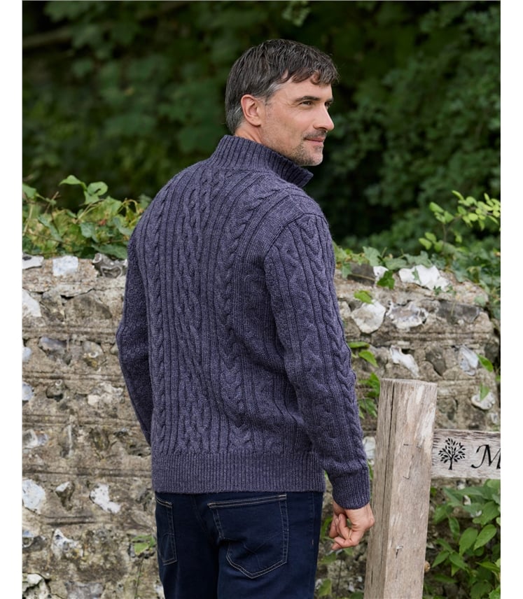 Pure Wool Knitted Aran Cable Zip Neck Jumper