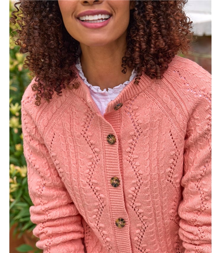 Cable Pointelle Crew Neck Cardigan