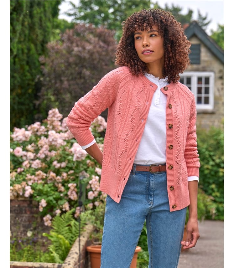 Cable Pointelle Crew Neck Cardigan