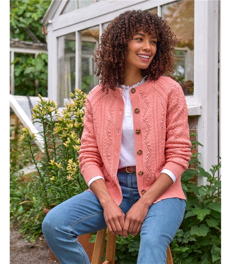 Cable Pointelle Crew Neck Cardigan