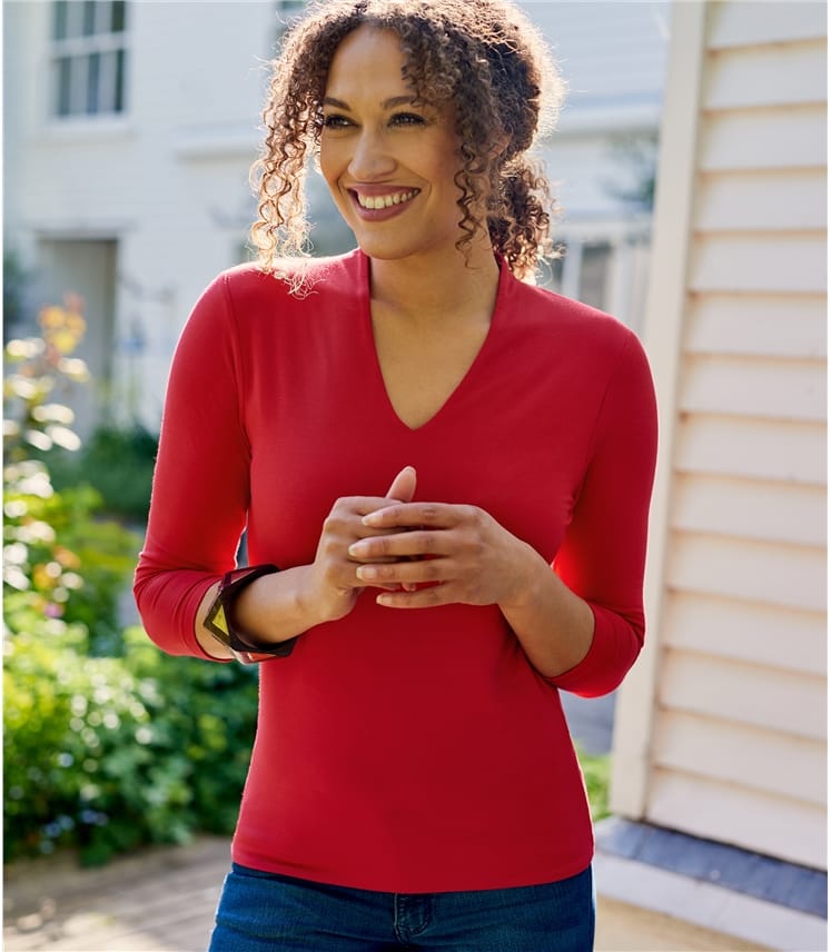 Scarlet Womens Jersey High V Neck Top WoolOvers UK