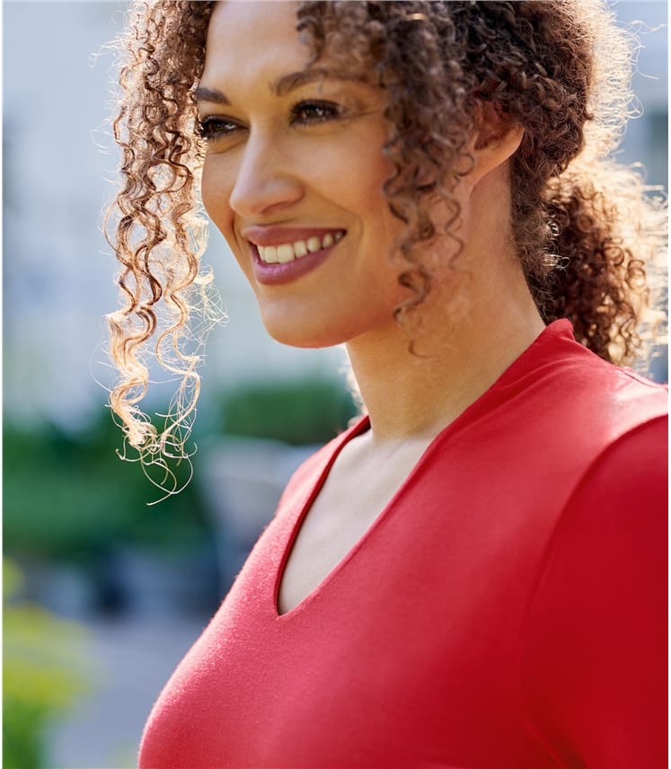 Scarlet Womens Jersey High V Neck Top WoolOvers UK