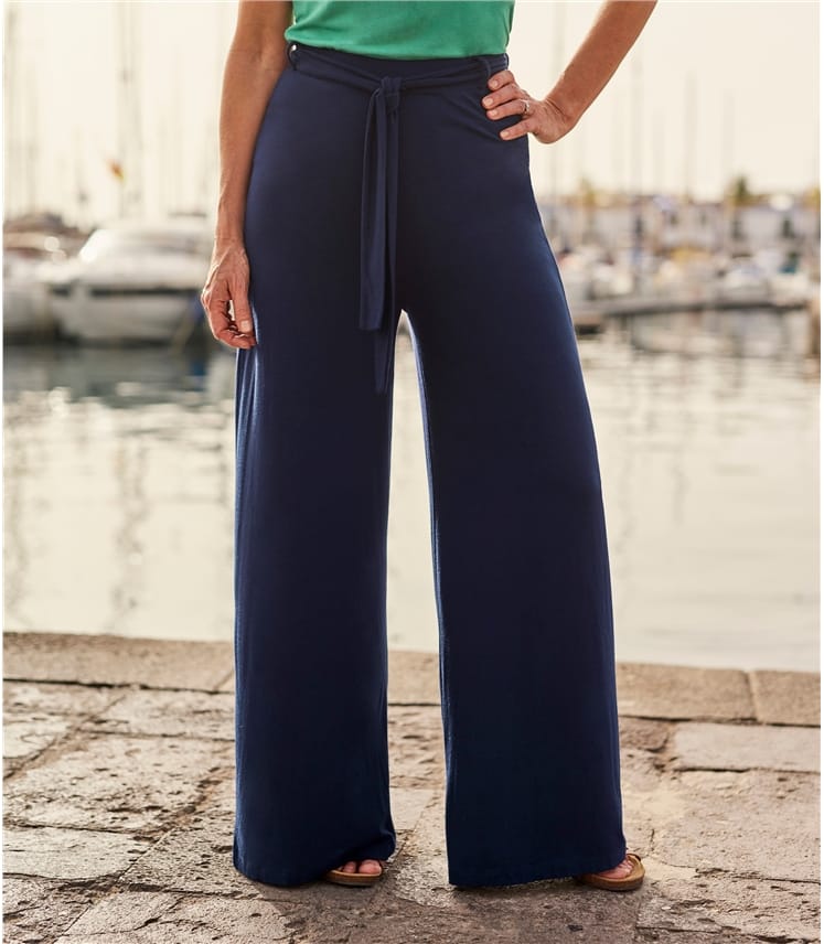 Navy | Womens Jersey Wide Leg Trousers | WoolOvers UK
