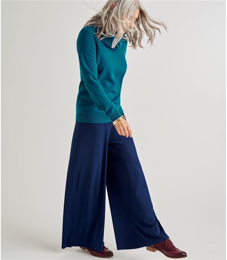 Navy | Womens Jersey Wide Leg Trousers | WoolOvers US