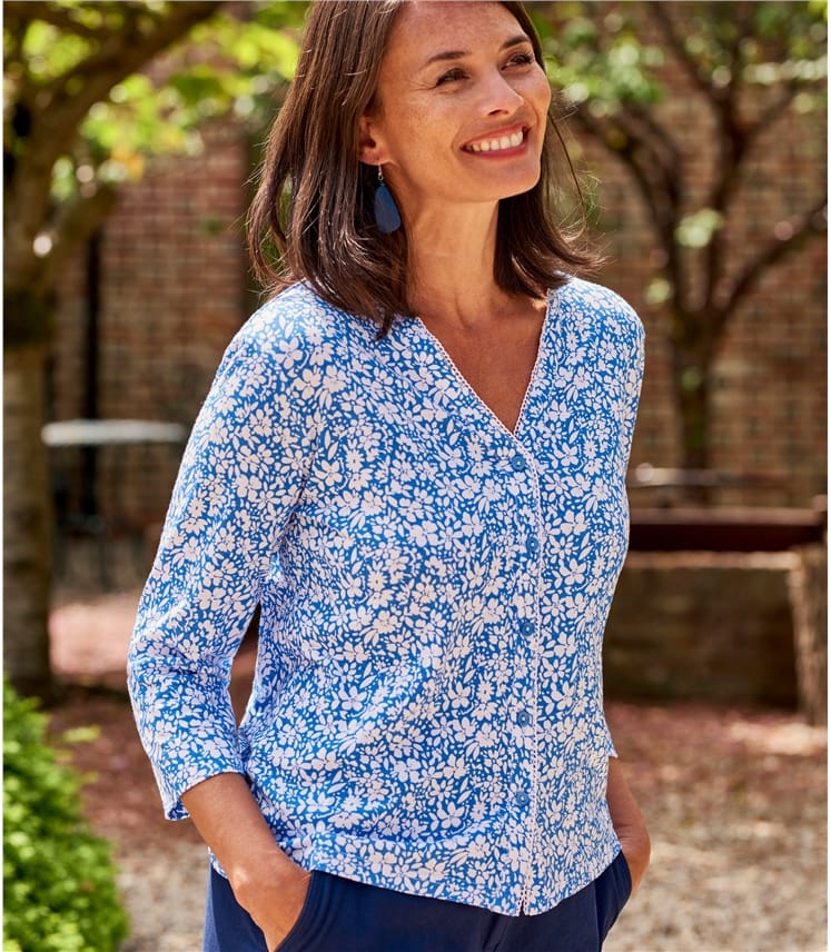Blue/White | Womens Scallop Edge Printed Shirt | WoolOvers UK