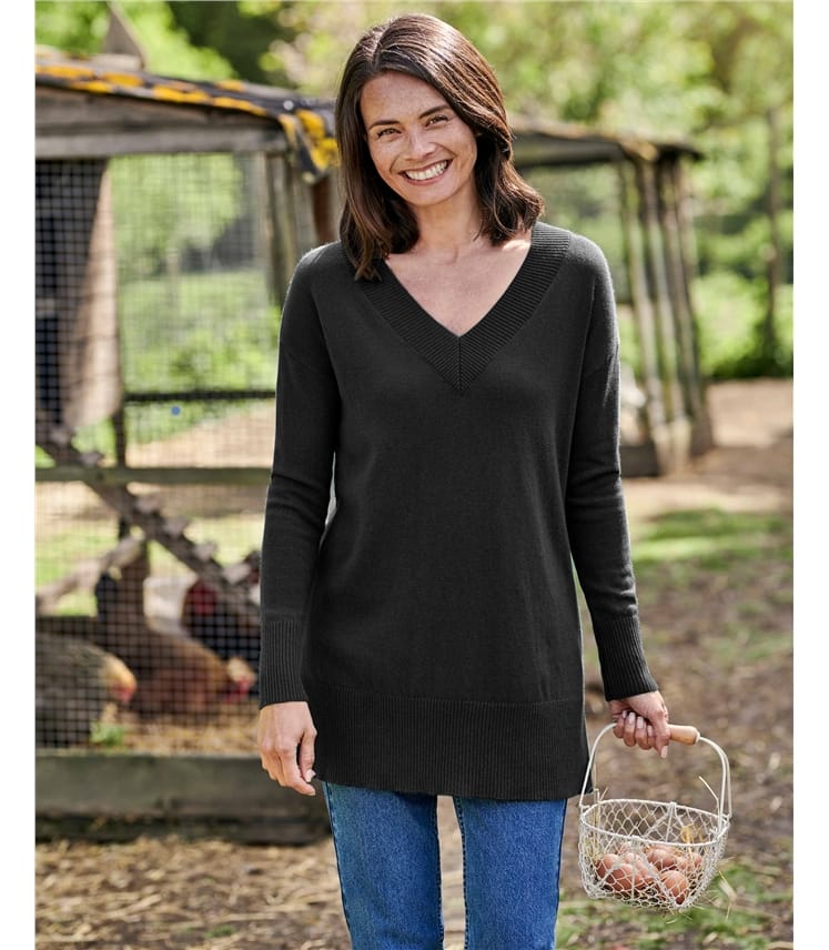 Black | Cashmere Merino Deep V Neck Tunic | WoolOvers US