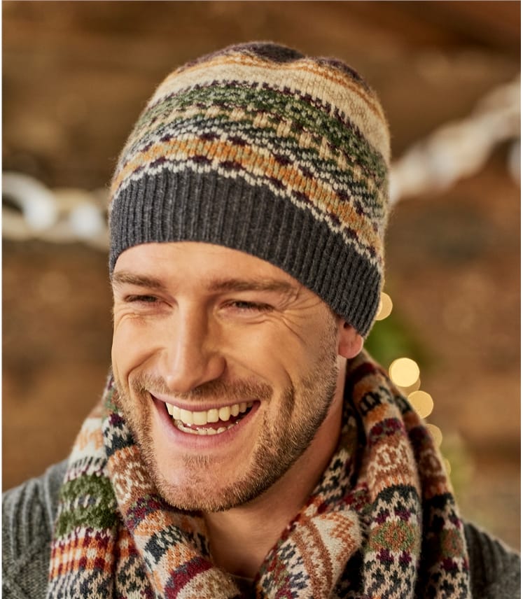 Multi Green Mens Lambswool Fairisle Hat WoolOvers UK