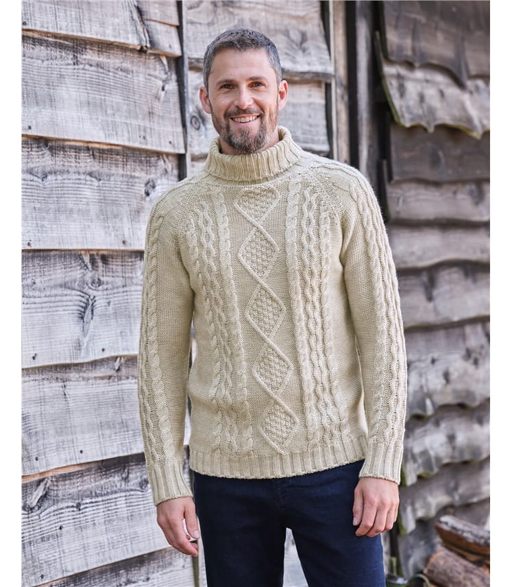 Pure Wool Knitted Aran Polo Neck Jumper