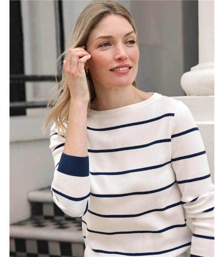 Cotton Wool Striped Boat Neck Jumper