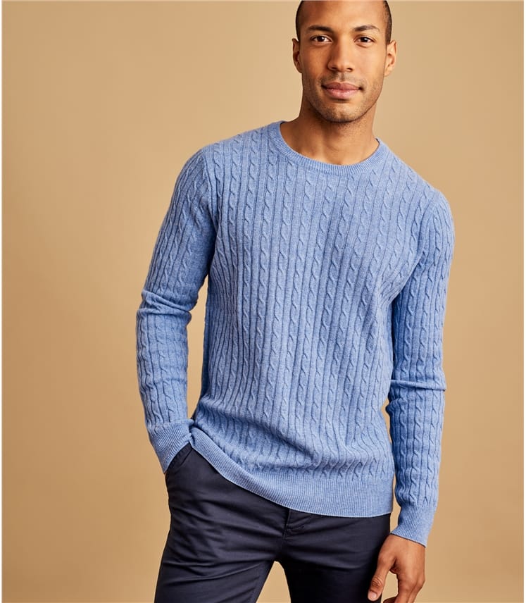 Sky Blue | Mens Cashmere & Merino Cable Crew Neck Sweater | WoolOvers US