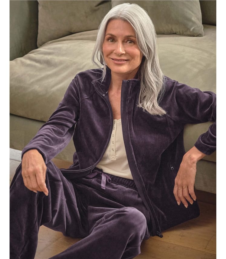 Blackcurrant | Placid Velour Zip Through Jumper | WoolOvers UK