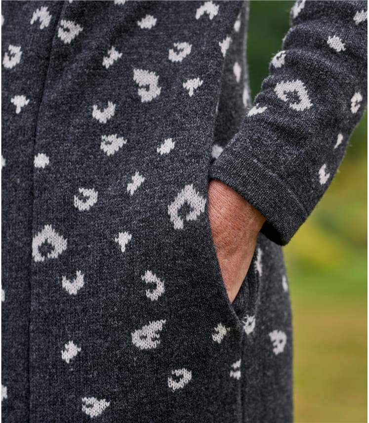 Charcoal/Dove Grey | Womens 100% Lambswool Faded Leopard Print Coatigan | WoolOvers US