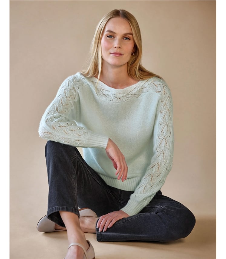 Wool Cashmere Lace And Pearl Sleeve Sweater