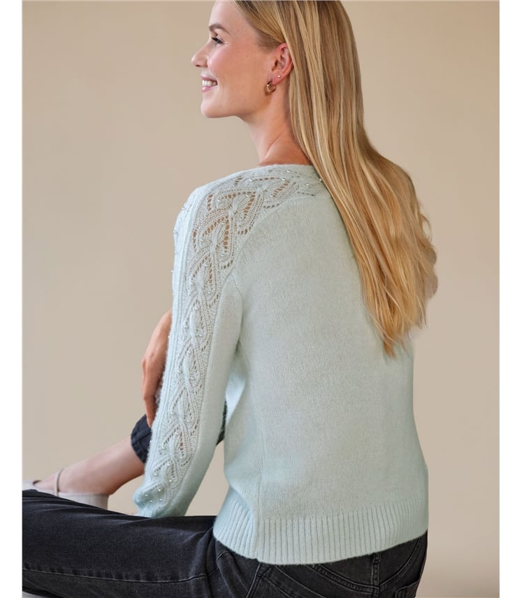 Wool Cashmere Lace And Pearl Sleeve Sweater