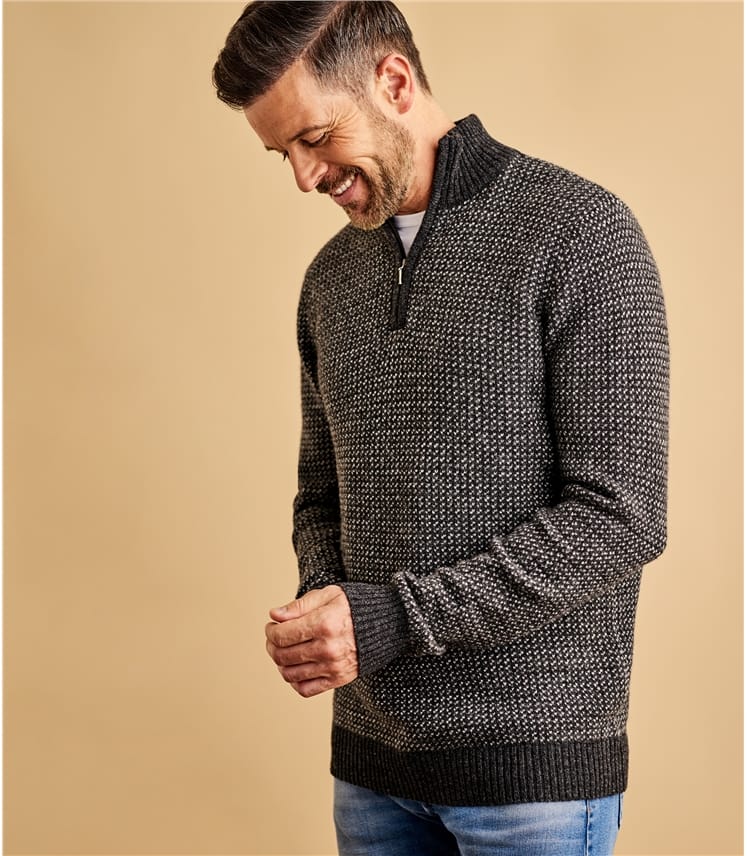 Charcoal/Grey/Cream | Mens Lambswool Geo Stitch Half Zip Jumper ...