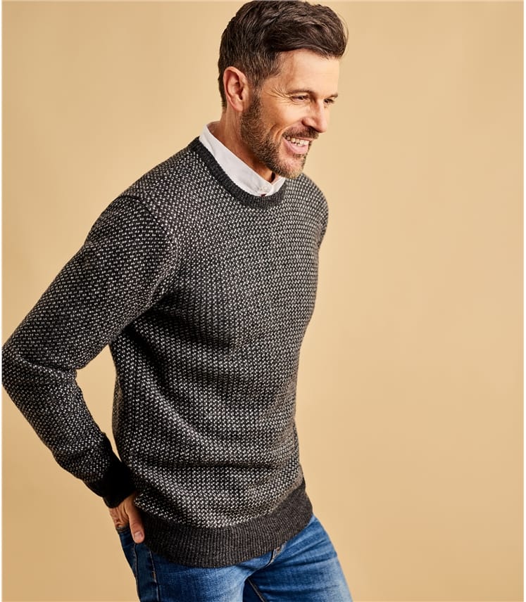 Charcoal/Grey/Cream Pure Lambswool | Mens Lambswool Geo Stitch Sweater