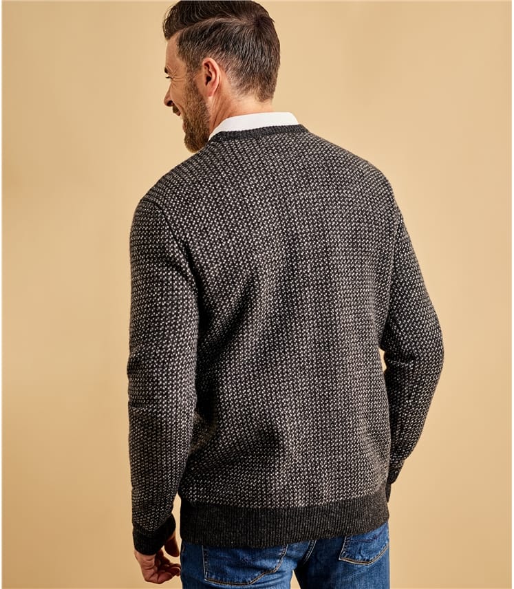 Charcoal/Grey/Cream Pure Lambswool | Mens Lambswool Geo Stitch Sweater