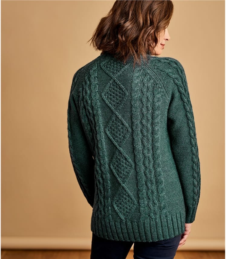 Thymiangrün Melliert Pullover Mit Aran Muster Und Rollkragen Aus