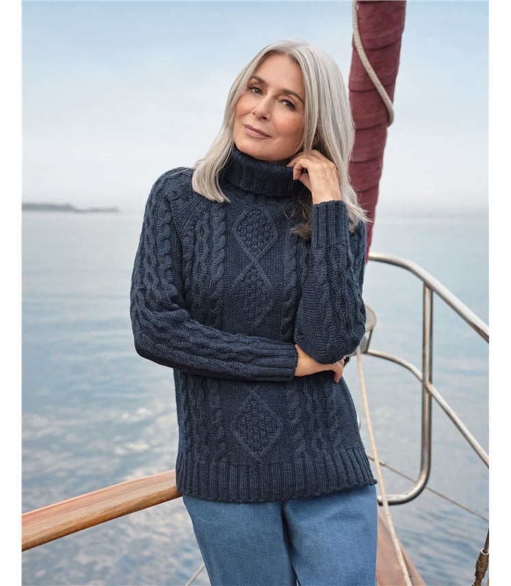 Pullover mit Aran-Zopfmuster und Rollkragen aus reiner Wolle für Damen