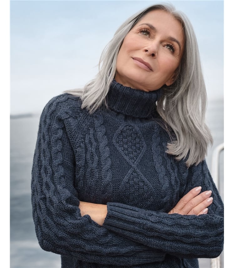 Pullover mit Aran-Zopfmuster und Rollkragen aus reiner Wolle für Damen