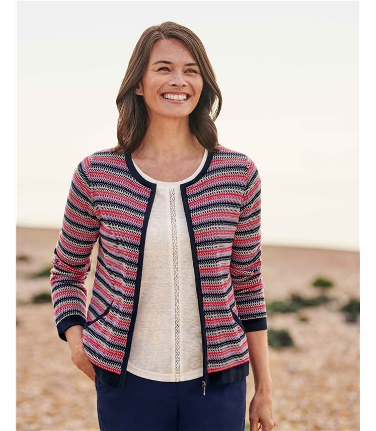 Organic Cotton Lightweight Textured Stripe Zip Up Cardigan