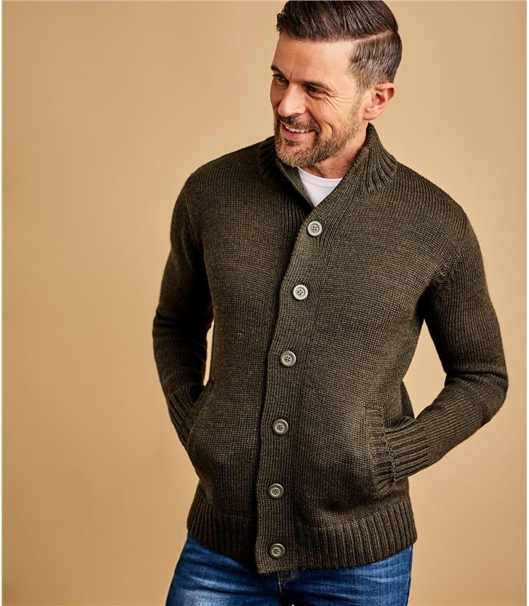 Acorn Green Marl | Mens Pure Wool Button Everyday Cardigan | WoolOvers UK