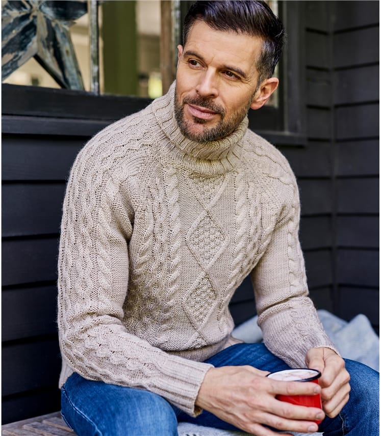 Oatmeal | Mens Pure Wool Aran Turtle Neck Sweater | WoolOvers US