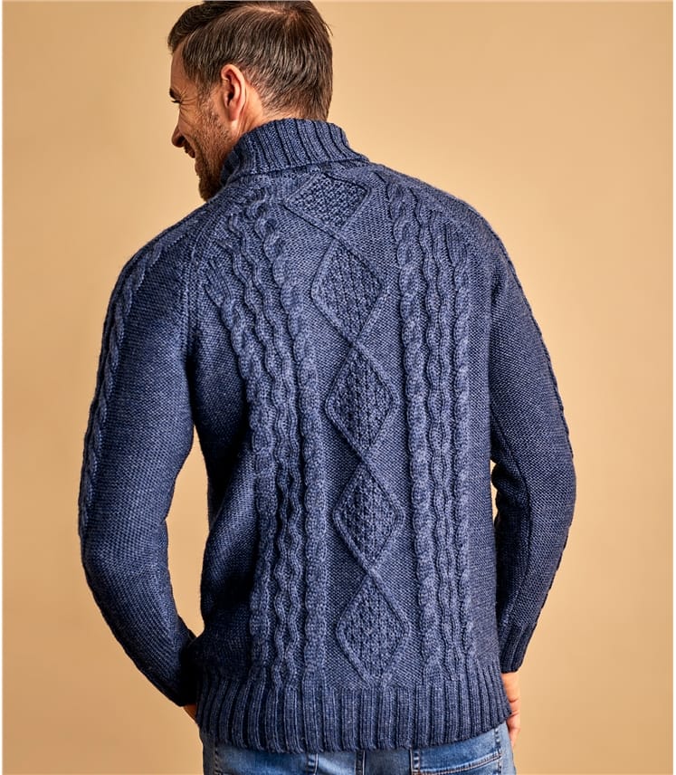 Denim Marl | Mens Pure Wool Aran Polo Neck Jumper | WoolOvers UK