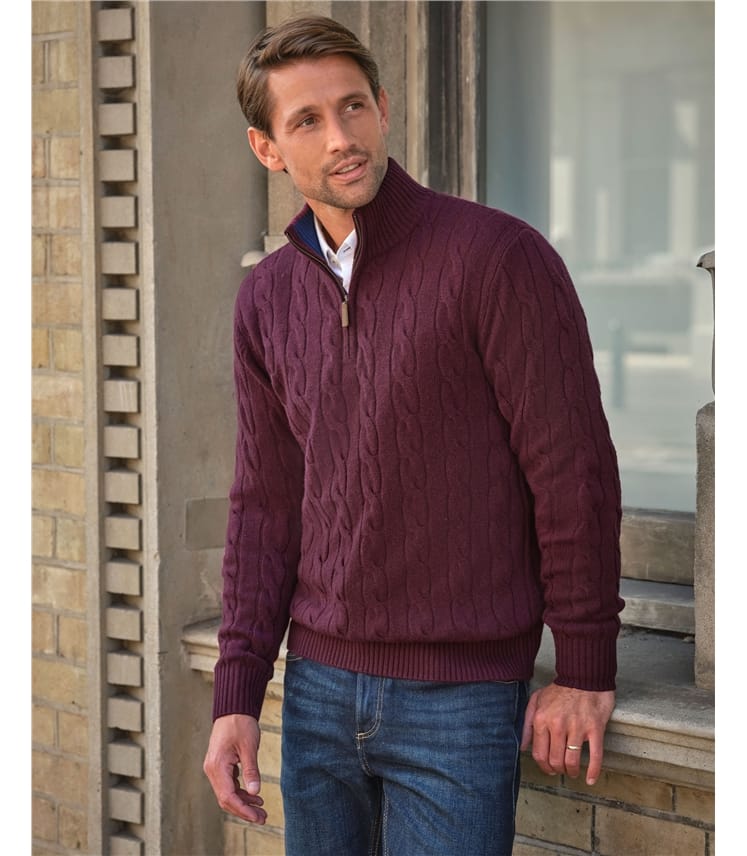 Aubergine | Mens Cashmere Blend Half Zip Cable Sweater | WoolOvers US