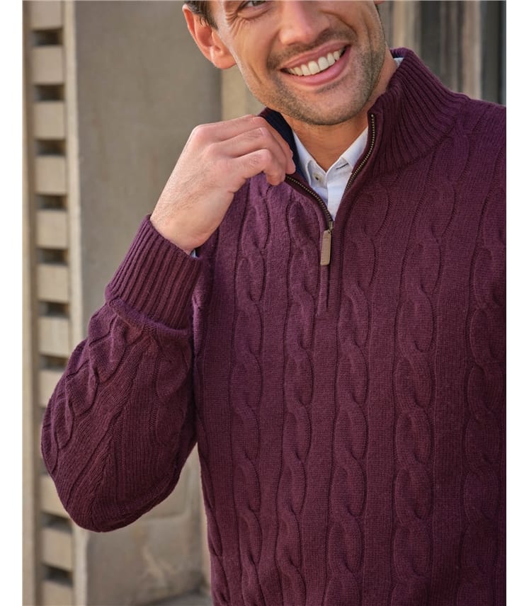 Mens Cashmere Blend Half Zip Cable Jumper