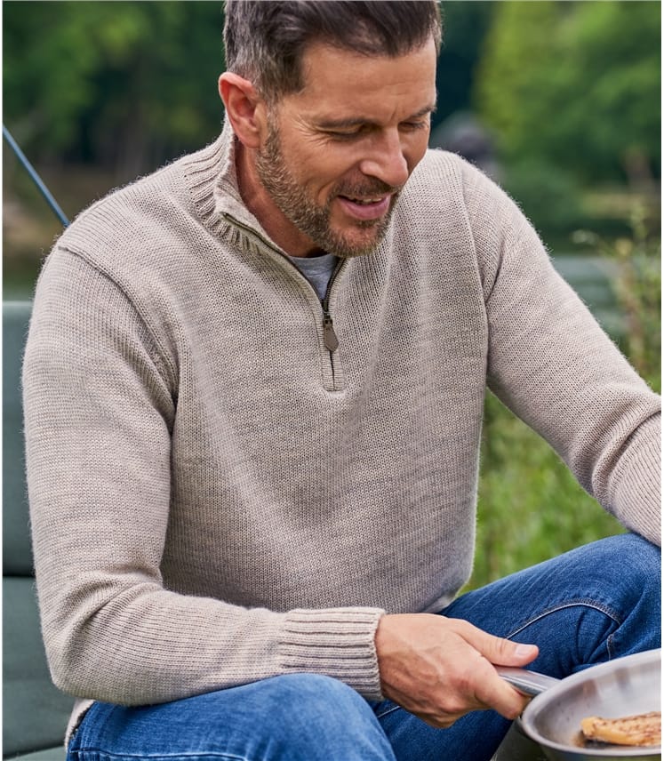 Oatmeal Pure Wool | Mens Pure Wool Country Zip Neck Jumper