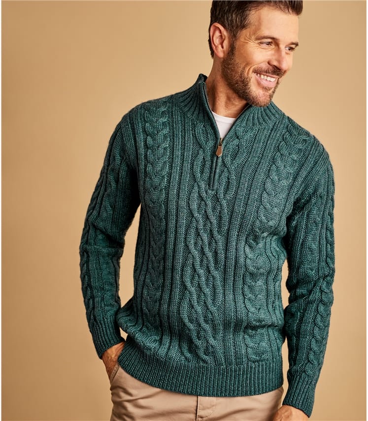 Thyme Marl | Mens Pure Wool Aran Cable Zip Neck Knitted Sweater ...