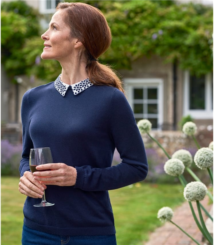 Navy 60 Viscose 40 Cotton Womens Detachable Collar Jumper