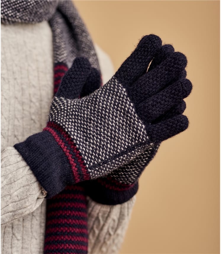 Navy/Wine Mens Lambswool Stitch & Stripe Glove WoolOvers UK