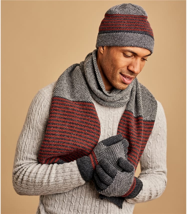Charcoal/Ember Mens Lambswool Stitch And Stripe Scarf WoolOvers UK