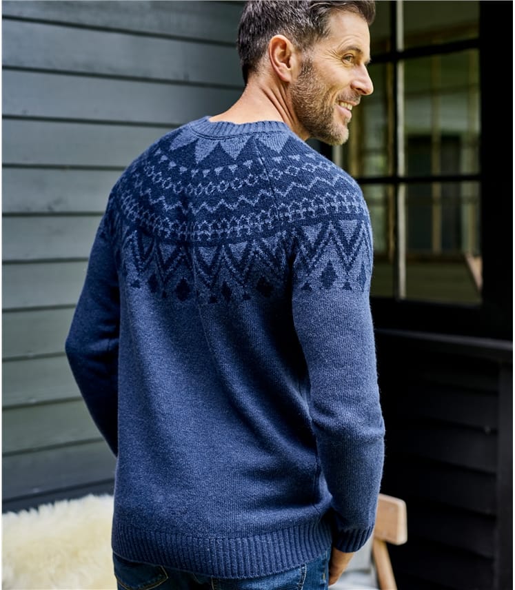 Mid Blue Marl/Navy | Mens Lambswool Fairisle Raglan Jumper | WoolOvers UK