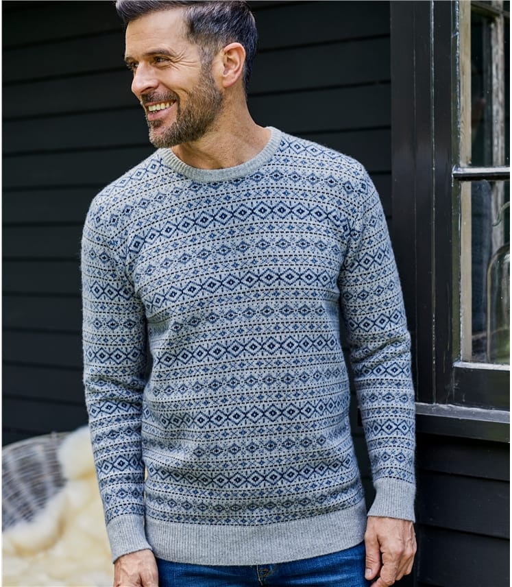 Grey/Blue | Mens Lambswool All Over Fairisle Sweater | WoolOvers US