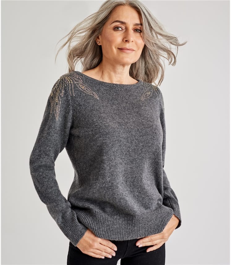 Dark Charcoal Womens Merino Bugle Bead Shoulder Detail Jumper