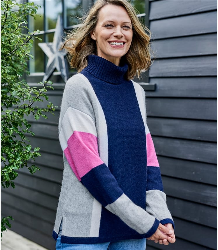 Navy/Pink Rouge | Womens Lambswool Side Color Block Polo Sweater ...