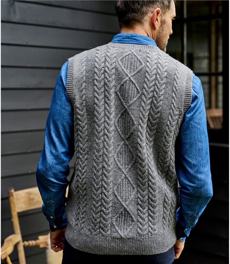 Mid Grey | Mens Lambswool Cable Vest | WoolOvers US