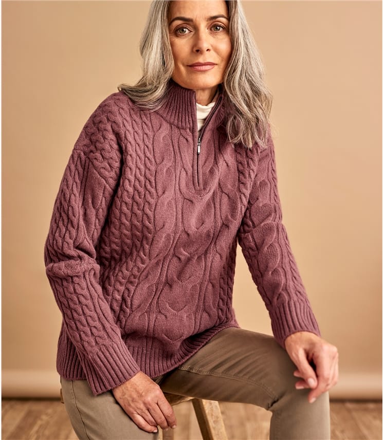 Henna Pullover mit kurzer Reissverschluss und Zopfmuster aus