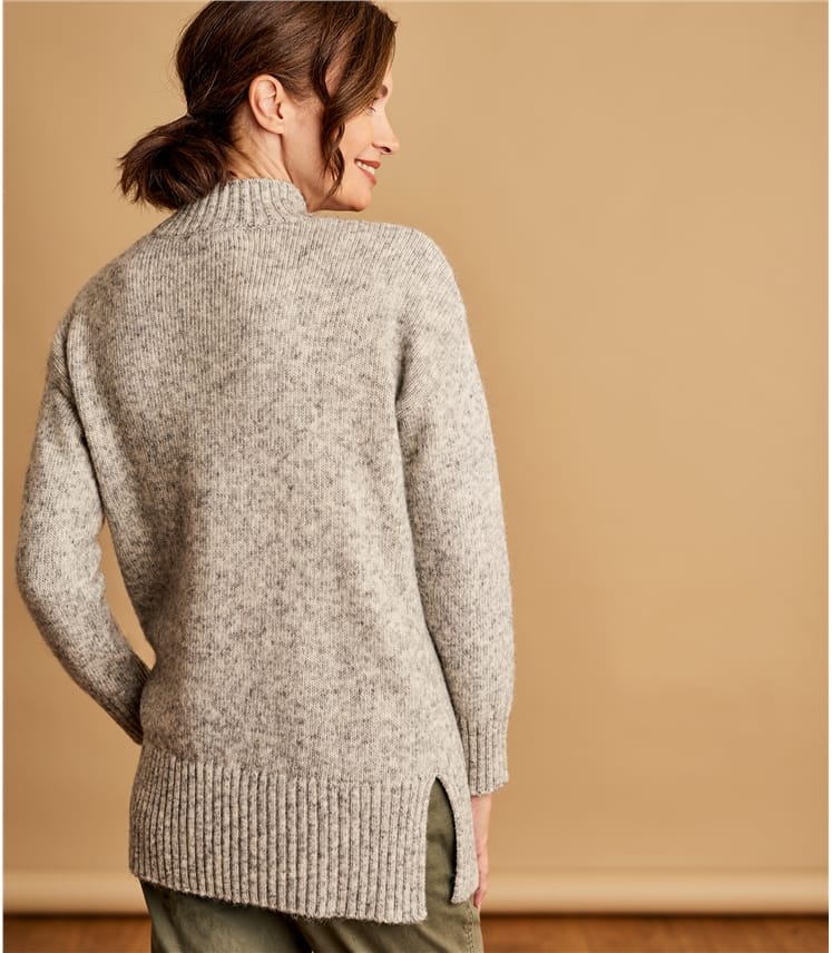 Grey Marl | Womens Alpaca Mix Chunky Longline Turtle Neck Jumper | WoolOvers AU