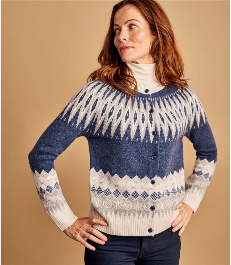 Denim Marl Combo Pure Lambswool | Womens Fairisle Yoke Cardigan