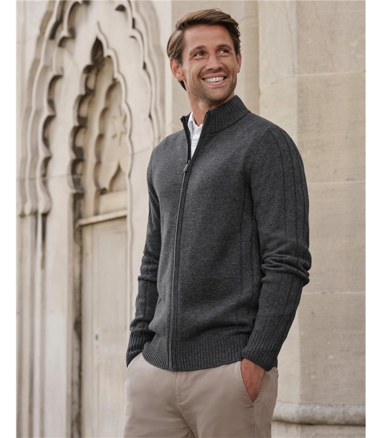 Wool Cashmere Ribbed Zip Through Cardigan