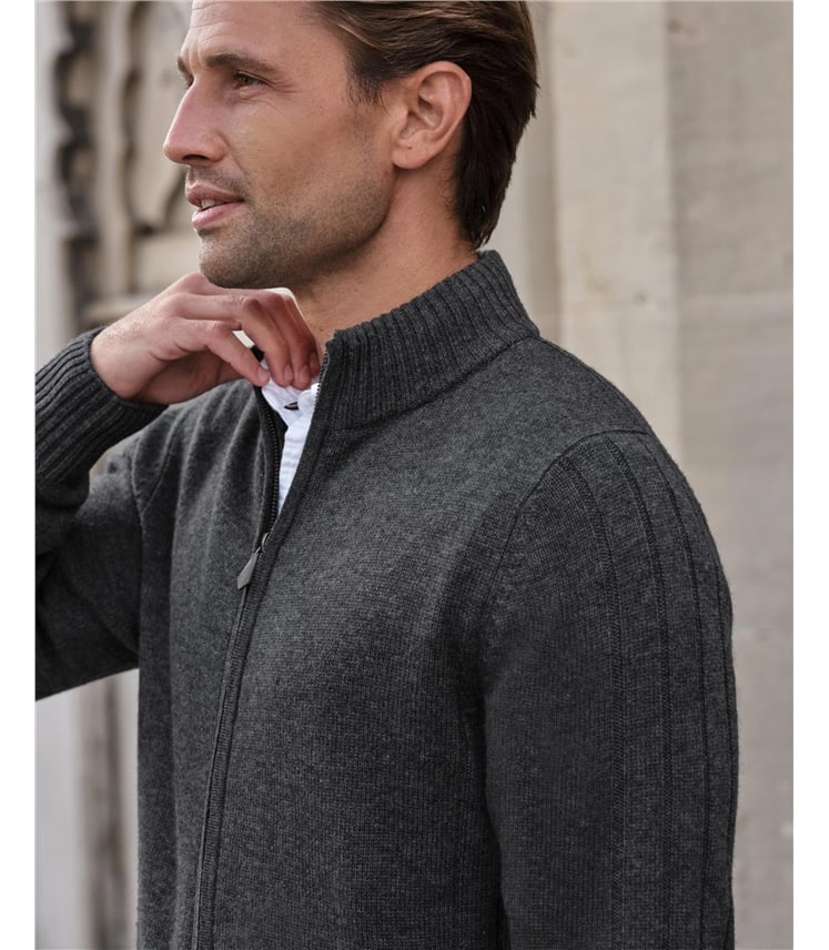 Wool Cashmere Ribbed Zip Through Cardigan