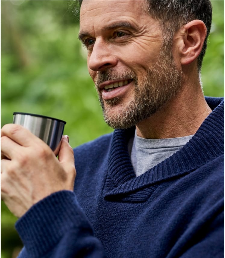 Navy Mens Lambswool Shawl Collar Jumper WoolOvers UK